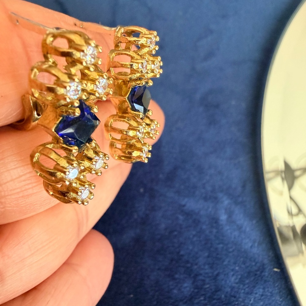 Vintage 925 Gold Plated and Blue and Rhinestone Earrings